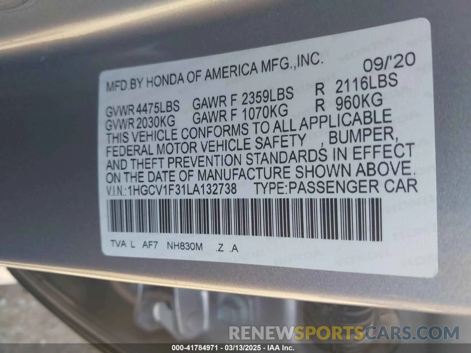 9 Photograph of a damaged car 1HGCV1F31LA132738 HONDA ACCORD 2020