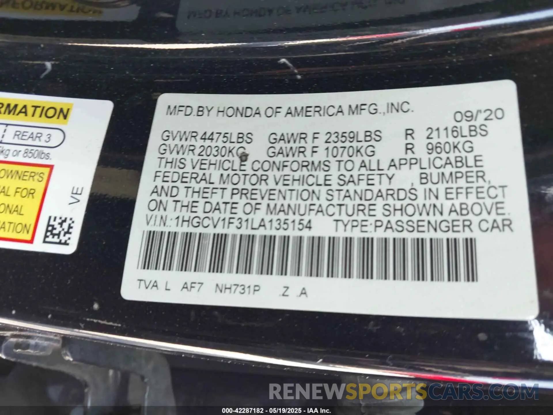 9 Photograph of a damaged car 1HGCV1F31LA135154 HONDA ACCORD 2020