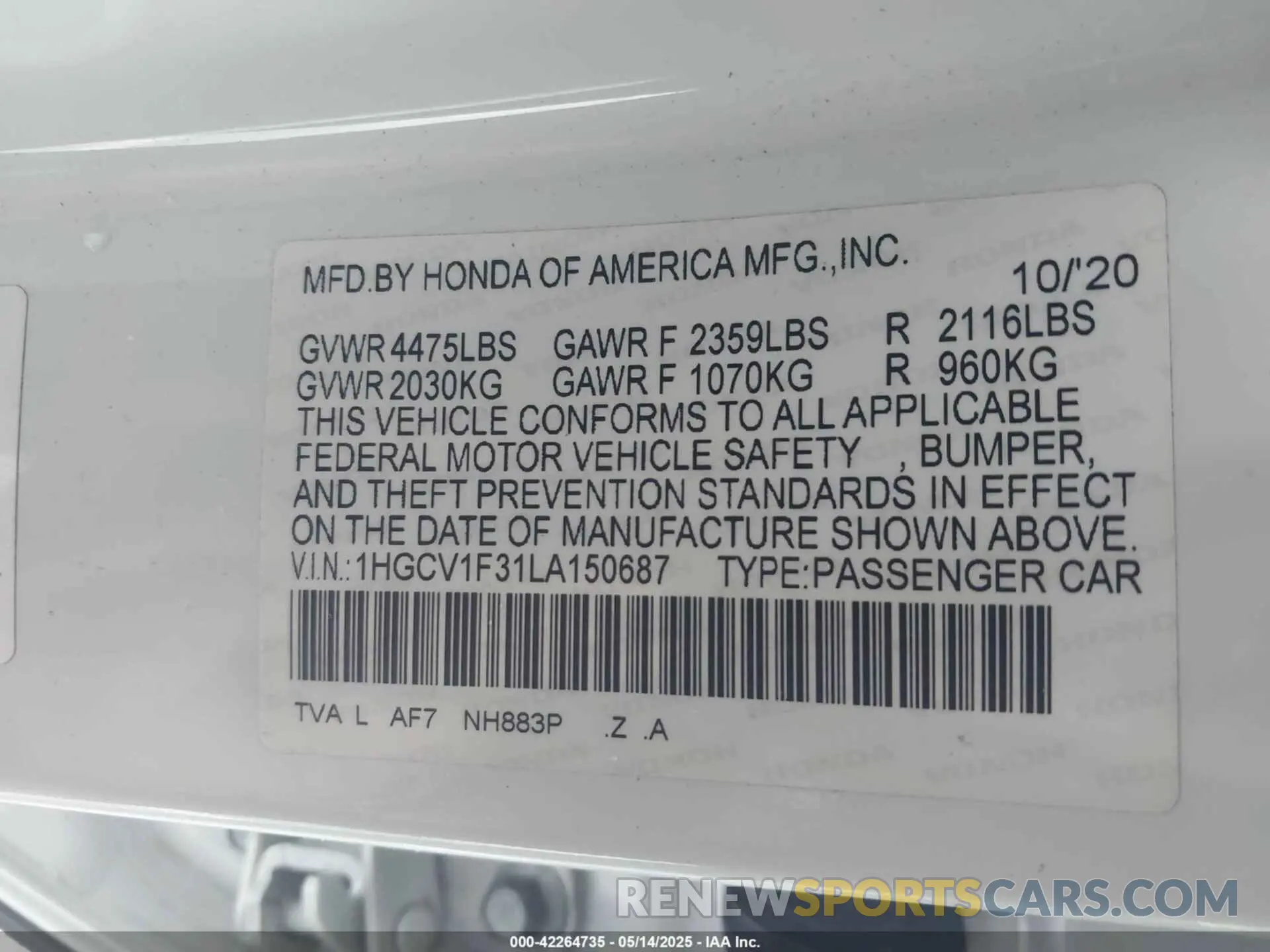 9 Photograph of a damaged car 1HGCV1F31LA150687 HONDA ACCORD 2020
