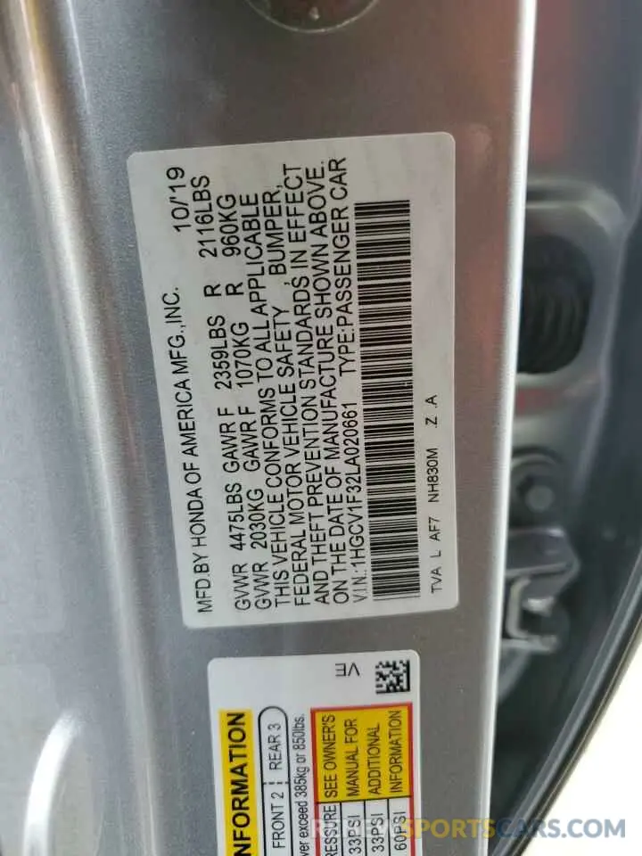 12 Photograph of a damaged car 1HGCV1F32LA020661 HONDA ACCORD 2020