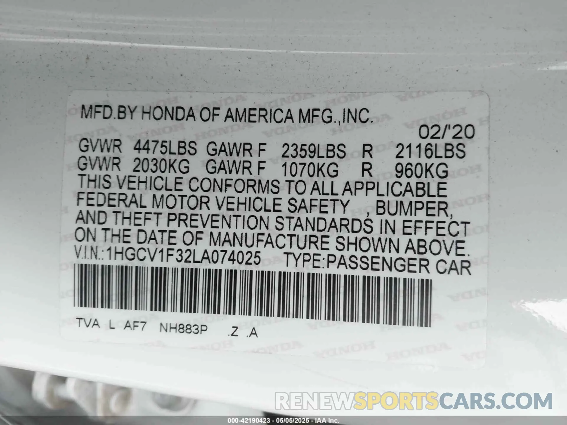 9 Photograph of a damaged car 1HGCV1F32LA074025 HONDA ACCORD 2020