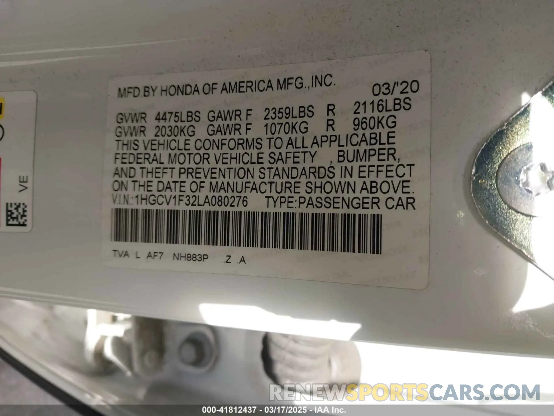 9 Photograph of a damaged car 1HGCV1F32LA080276 HONDA ACCORD 2020
