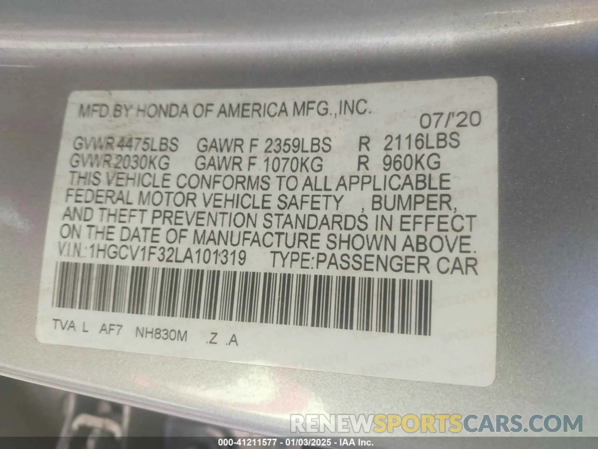9 Photograph of a damaged car 1HGCV1F32LA101319 HONDA ACCORD 2020