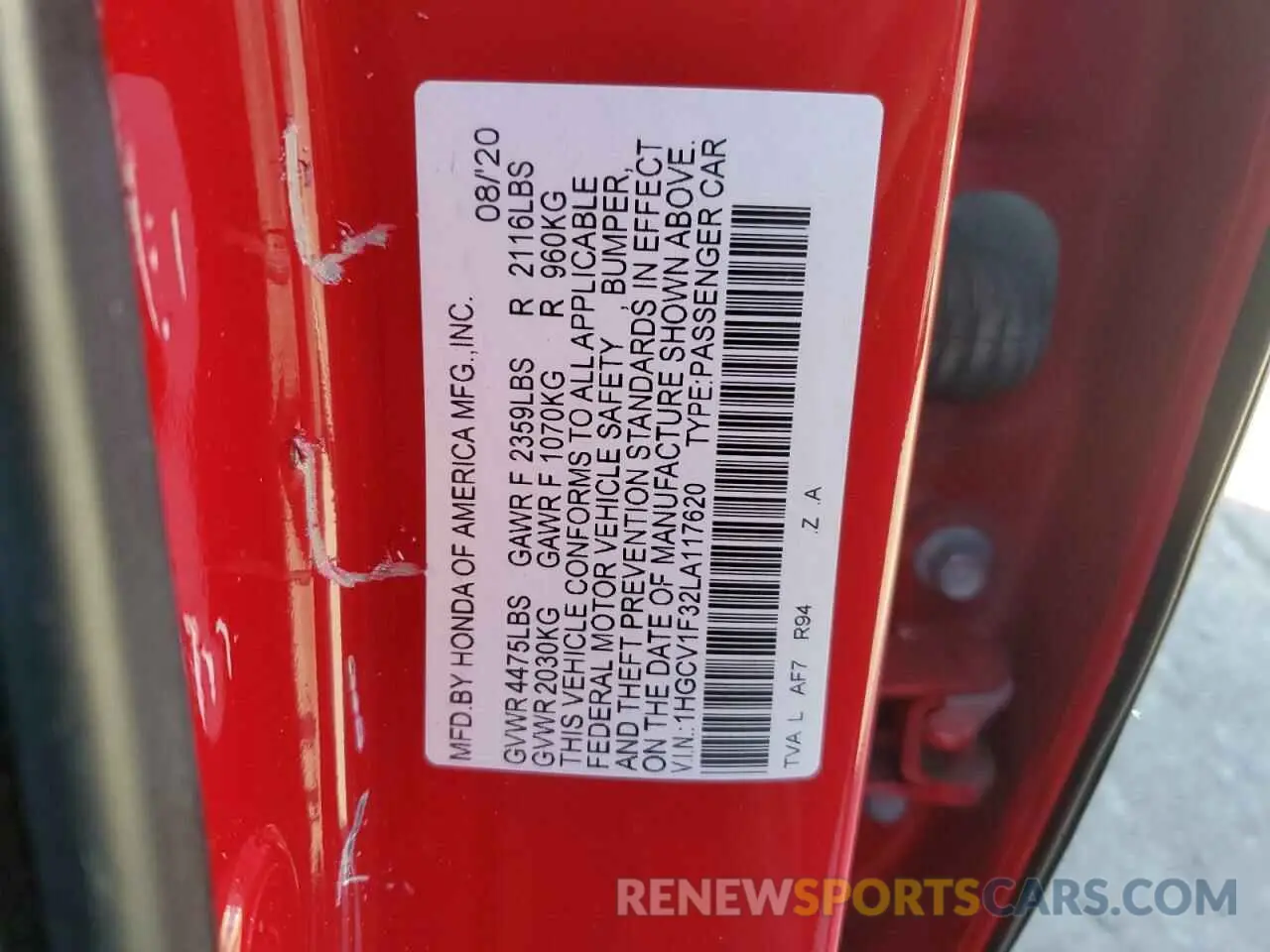12 Photograph of a damaged car 1HGCV1F32LA117620 HONDA ACCORD 2020