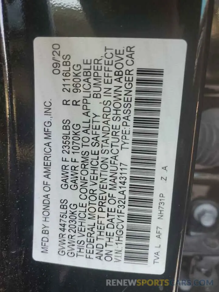 15 Photograph of a damaged car 1HGCV1F32LA143117 HONDA ACCORD 2020
