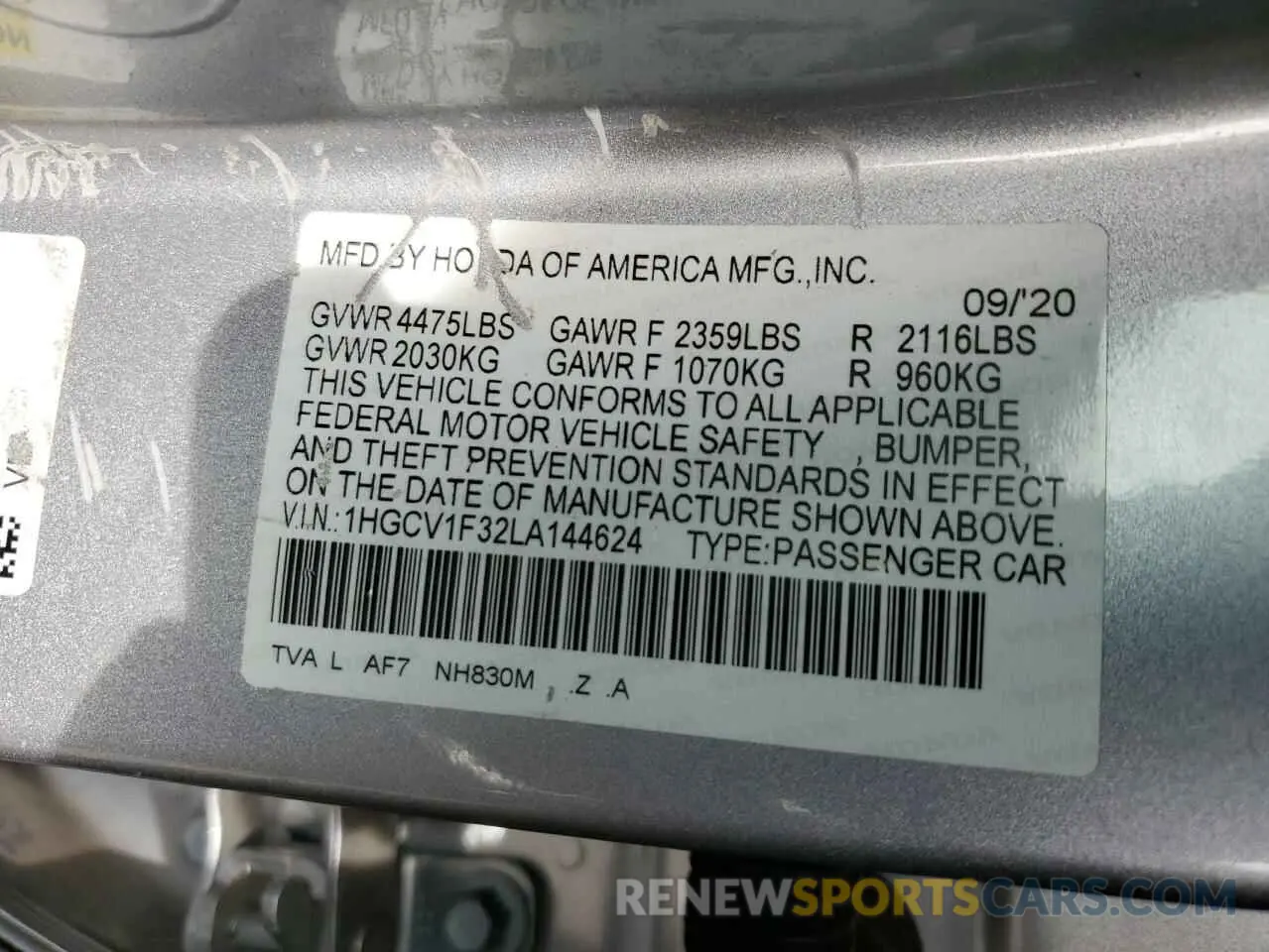 12 Photograph of a damaged car 1HGCV1F32LA144624 HONDA ACCORD 2020