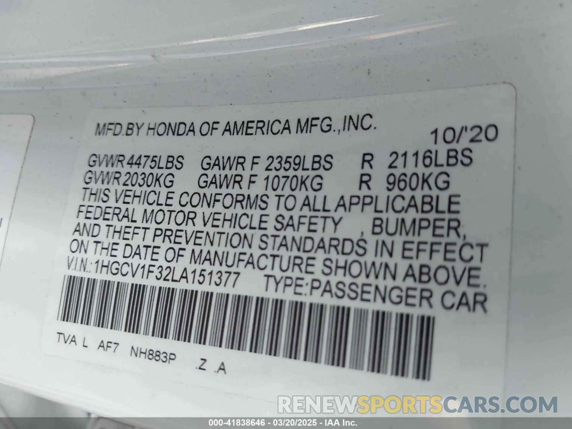 9 Photograph of a damaged car 1HGCV1F32LA151377 HONDA ACCORD 2020
