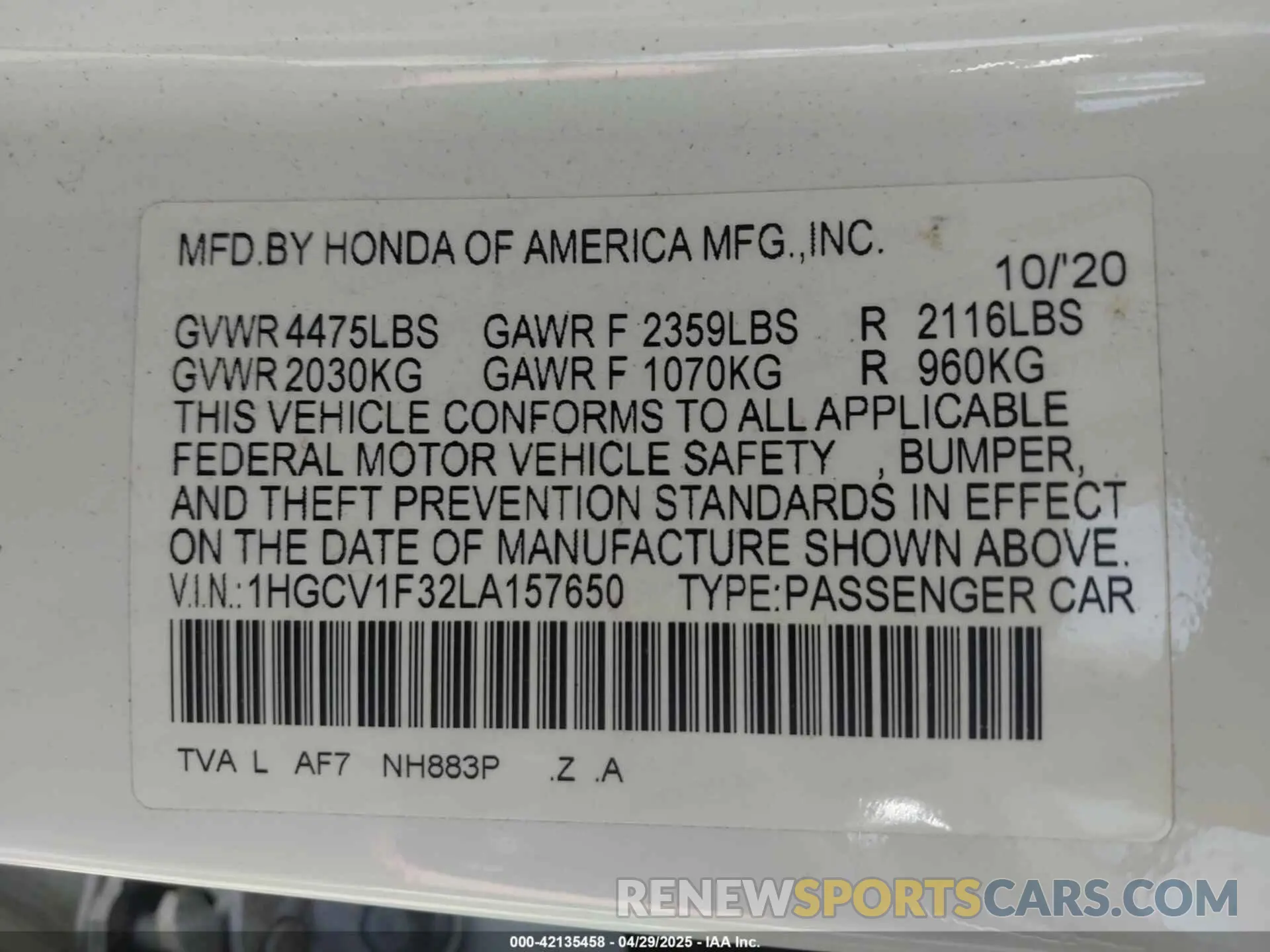 9 Photograph of a damaged car 1HGCV1F32LA157650 HONDA ACCORD 2020