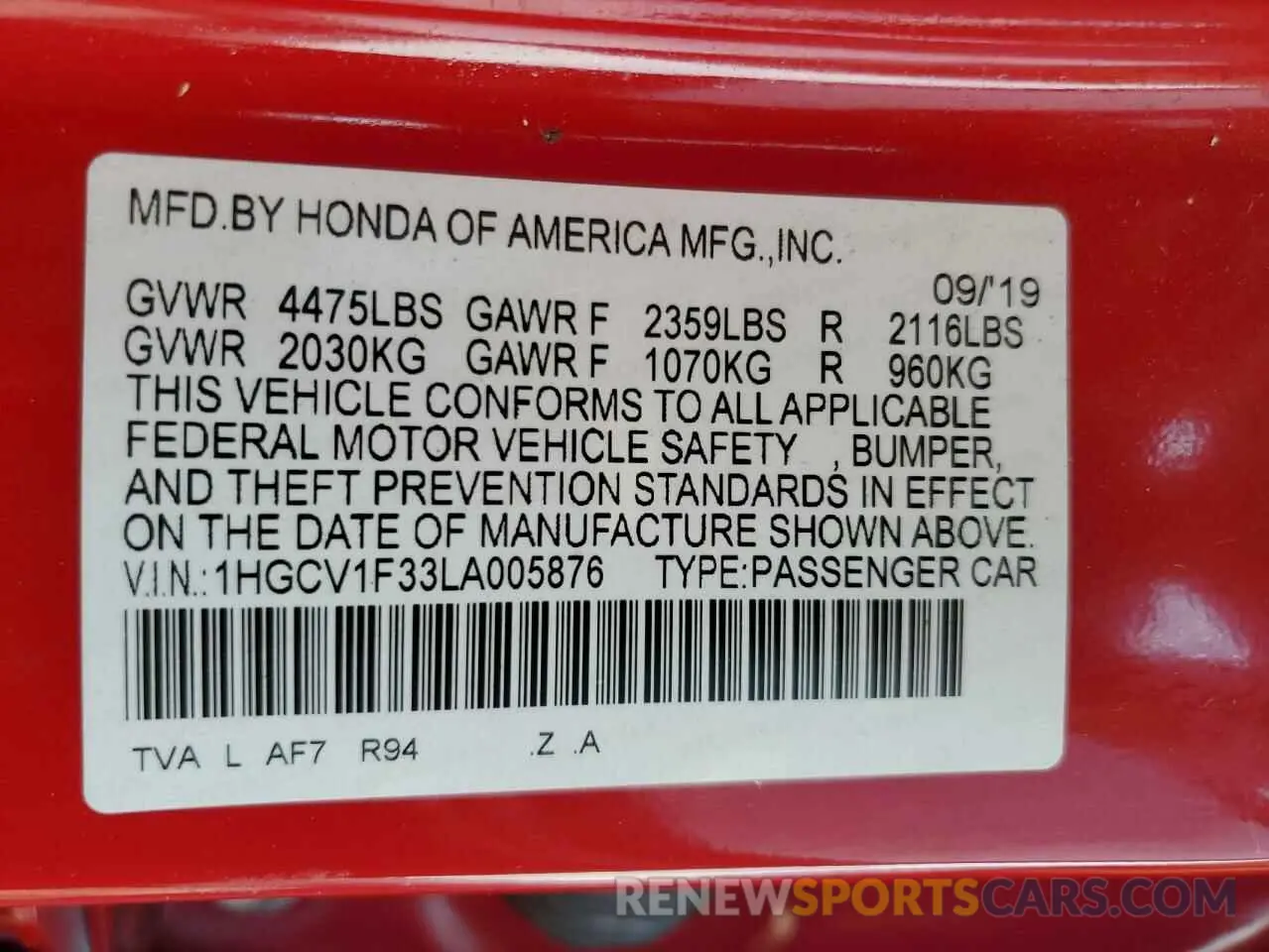 13 Photograph of a damaged car 1HGCV1F33LA005876 HONDA ACCORD 2020