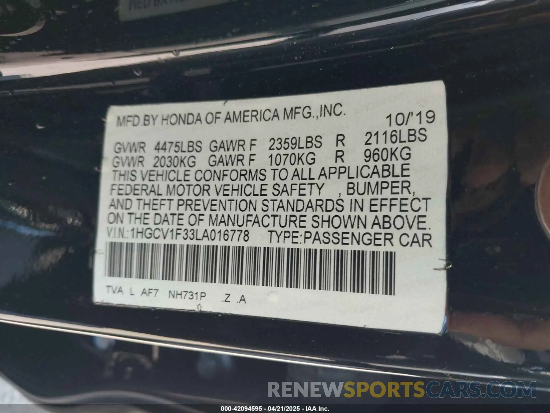 9 Photograph of a damaged car 1HGCV1F33LA016778 HONDA ACCORD 2020