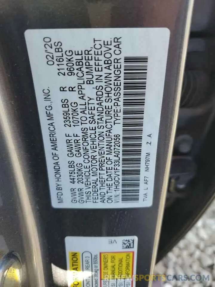 13 Photograph of a damaged car 1HGCV1F33LA072056 HONDA ACCORD 2020