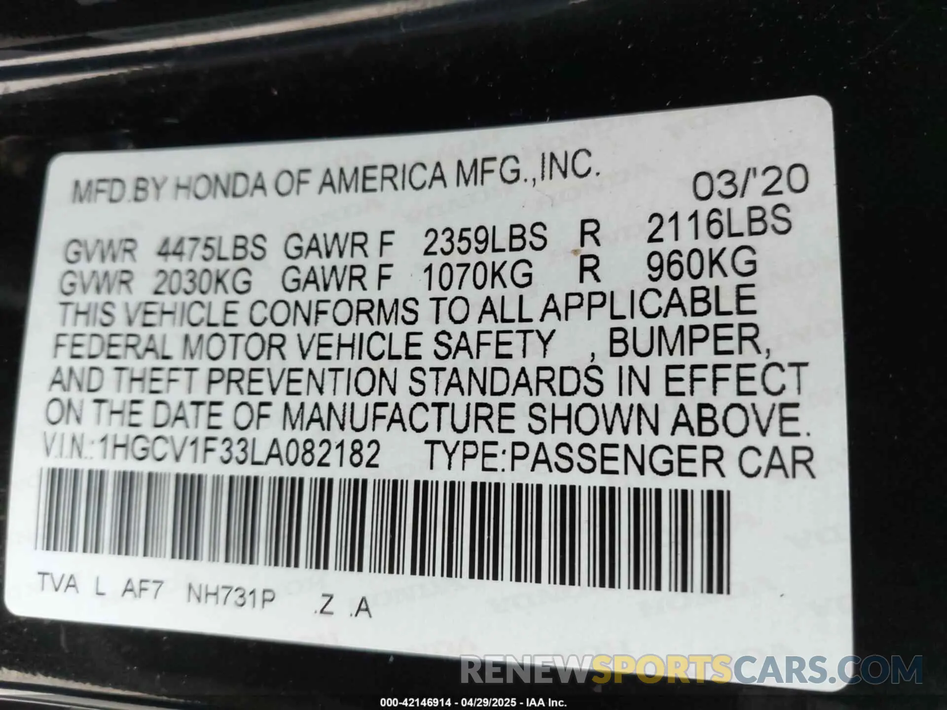 9 Photograph of a damaged car 1HGCV1F33LA082182 HONDA ACCORD 2020