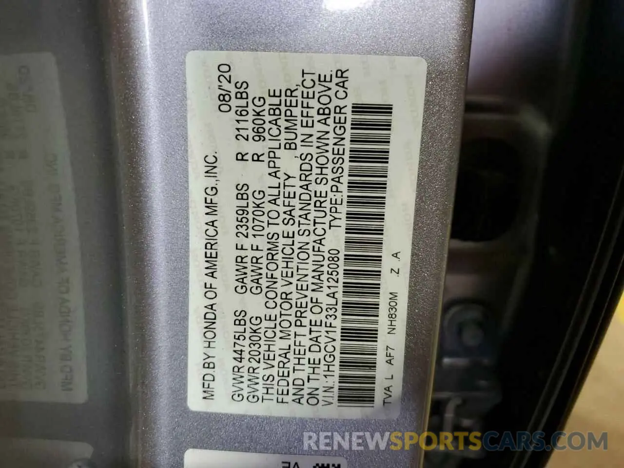 12 Photograph of a damaged car 1HGCV1F33LA125080 HONDA ACCORD 2020