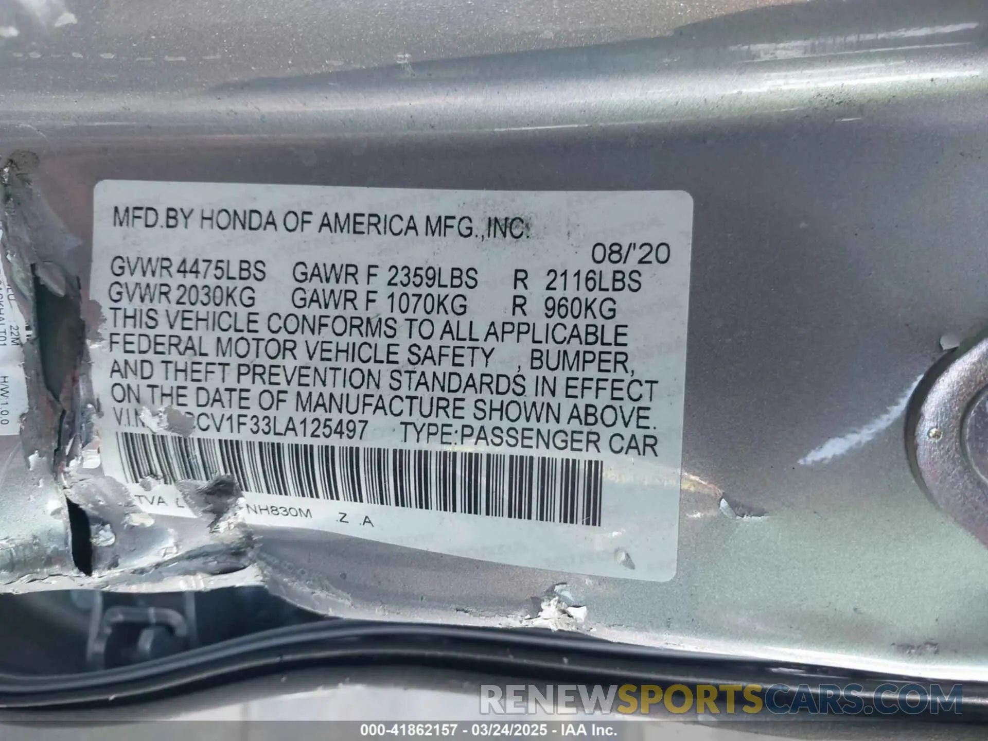 9 Photograph of a damaged car 1HGCV1F33LA125497 HONDA ACCORD 2020
