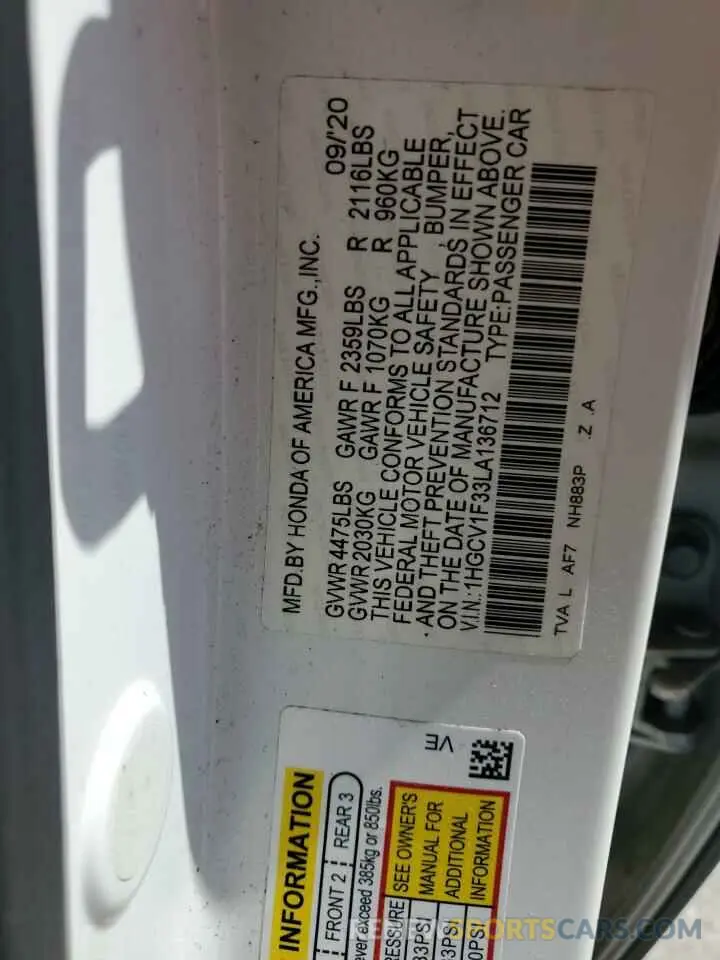 13 Photograph of a damaged car 1HGCV1F33LA136712 HONDA ACCORD 2020