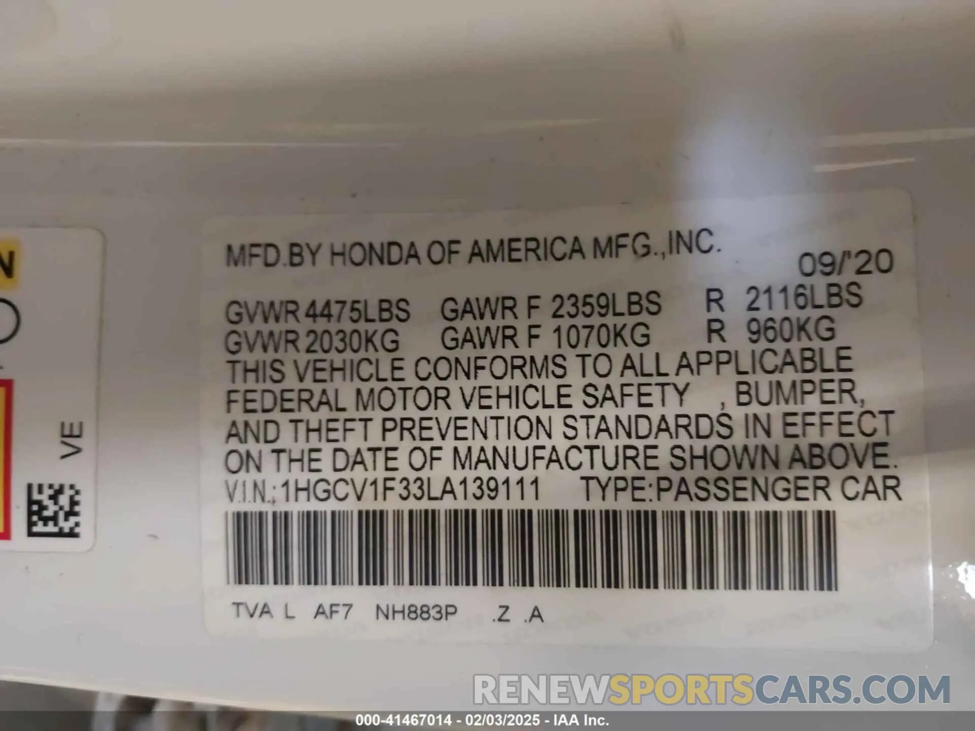 9 Photograph of a damaged car 1HGCV1F33LA139111 HONDA ACCORD 2020