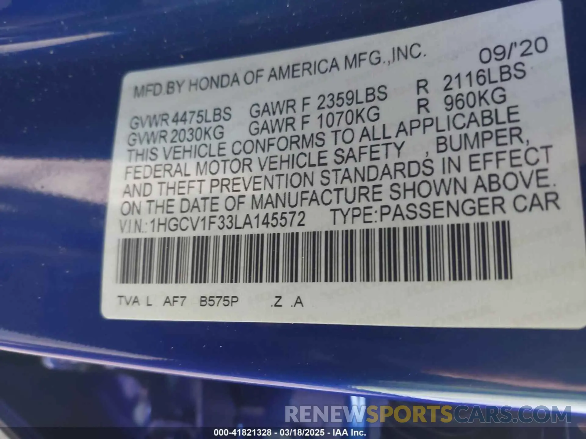 9 Photograph of a damaged car 1HGCV1F33LA145572 HONDA ACCORD 2020