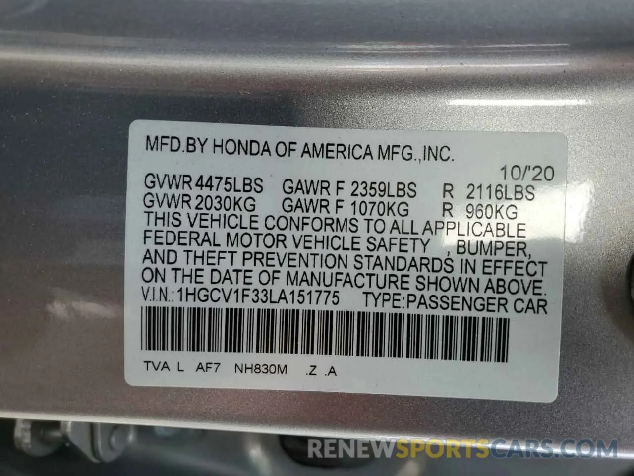 13 Photograph of a damaged car 1HGCV1F33LA151775 HONDA ACCORD 2020