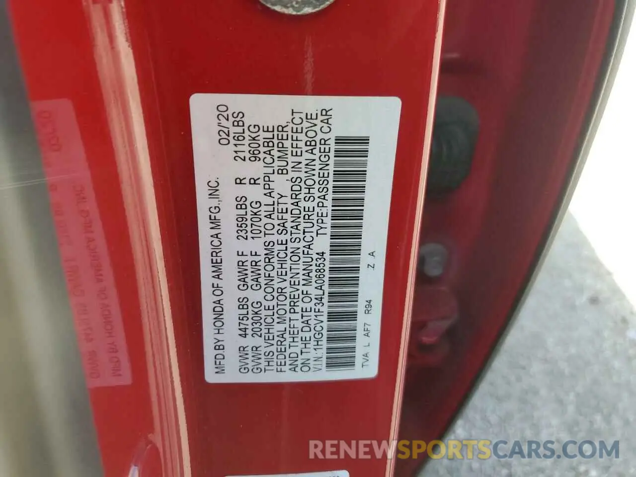12 Photograph of a damaged car 1HGCV1F34LA068534 HONDA ACCORD 2020