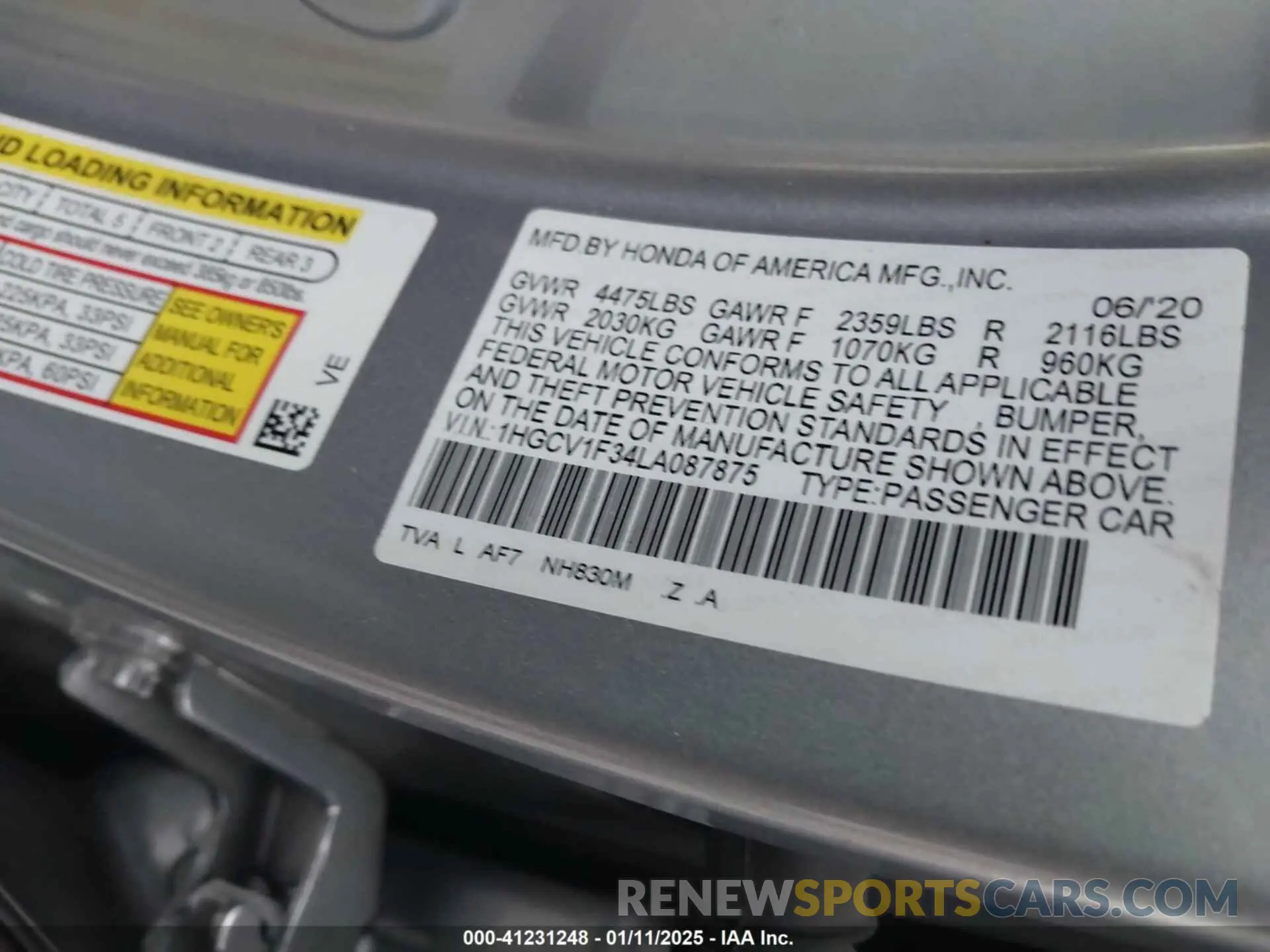 9 Photograph of a damaged car 1HGCV1F34LA087875 HONDA ACCORD 2020