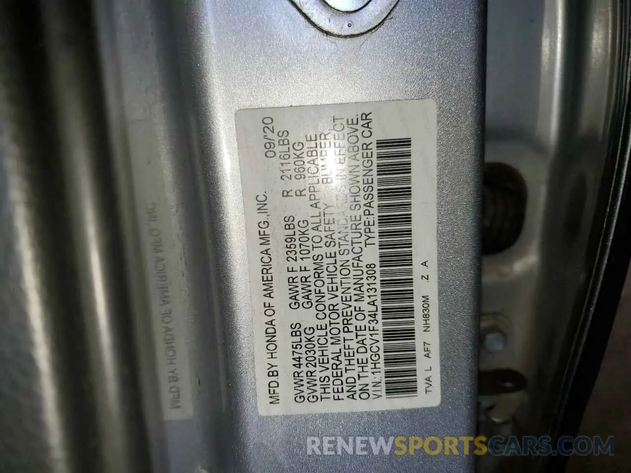 12 Photograph of a damaged car 1HGCV1F34LA131308 HONDA ACCORD 2020