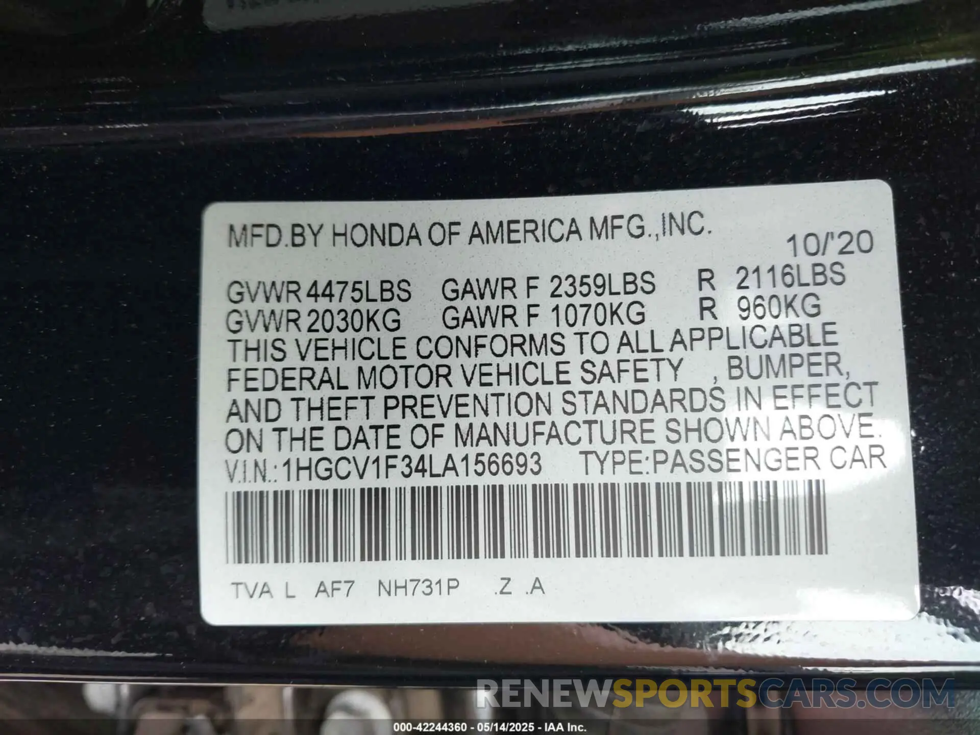 9 Photograph of a damaged car 1HGCV1F34LA156693 HONDA ACCORD 2020