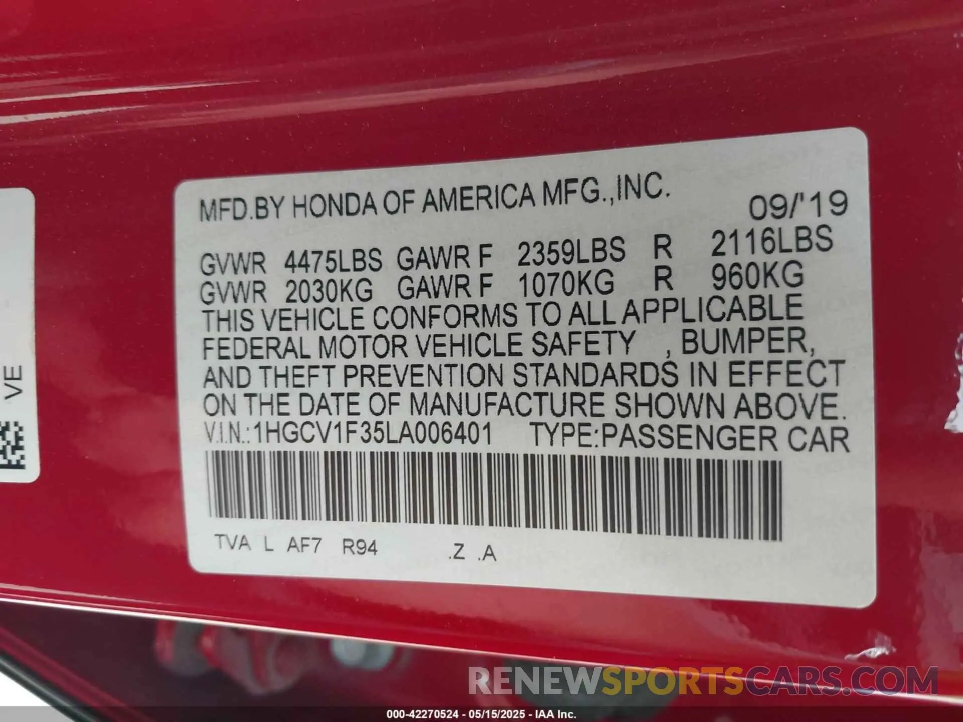 9 Photograph of a damaged car 1HGCV1F35LA006401 HONDA ACCORD 2020