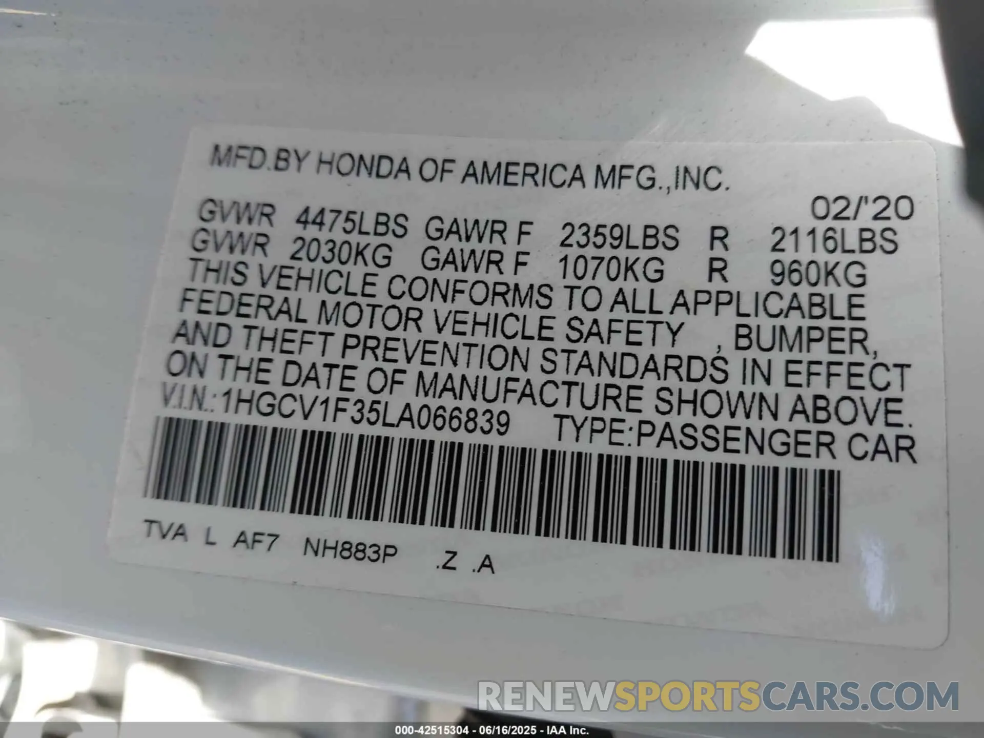 9 Photograph of a damaged car 1HGCV1F35LA066839 HONDA ACCORD 2020