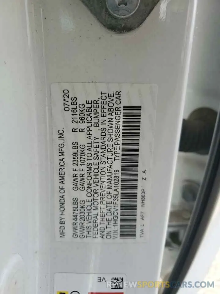 12 Photograph of a damaged car 1HGCV1F35LA102819 HONDA ACCORD 2020