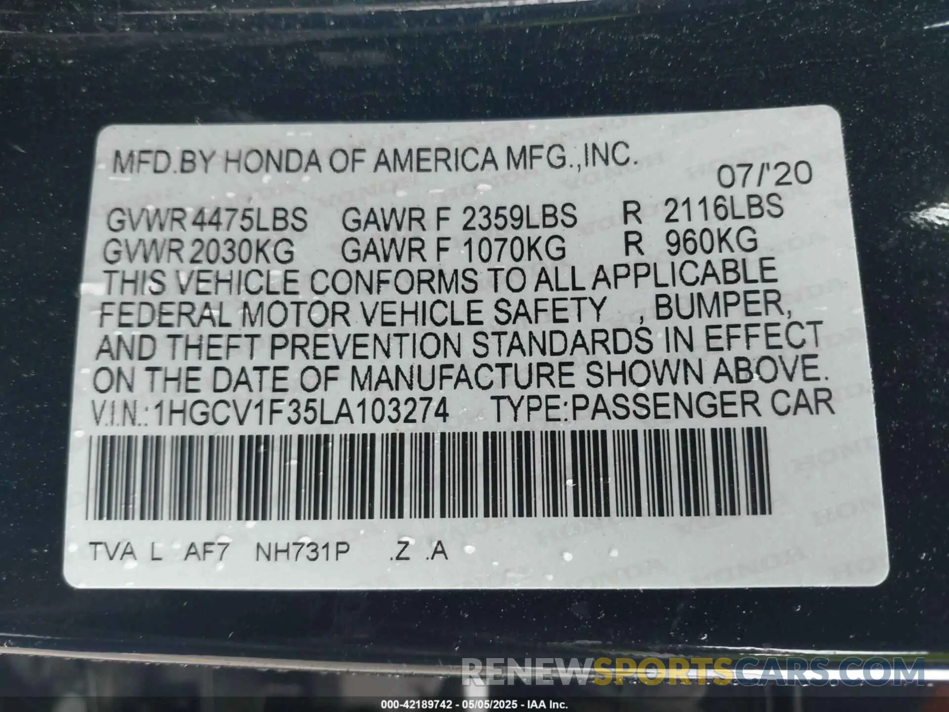 9 Photograph of a damaged car 1HGCV1F35LA103274 HONDA ACCORD 2020