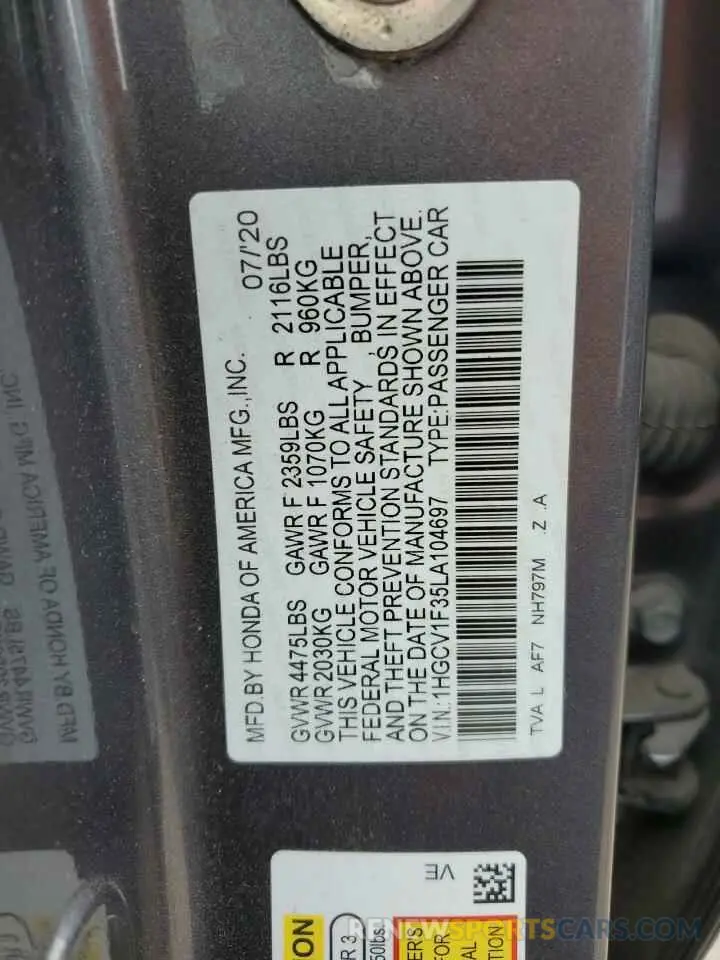 12 Photograph of a damaged car 1HGCV1F35LA104697 HONDA ACCORD 2020