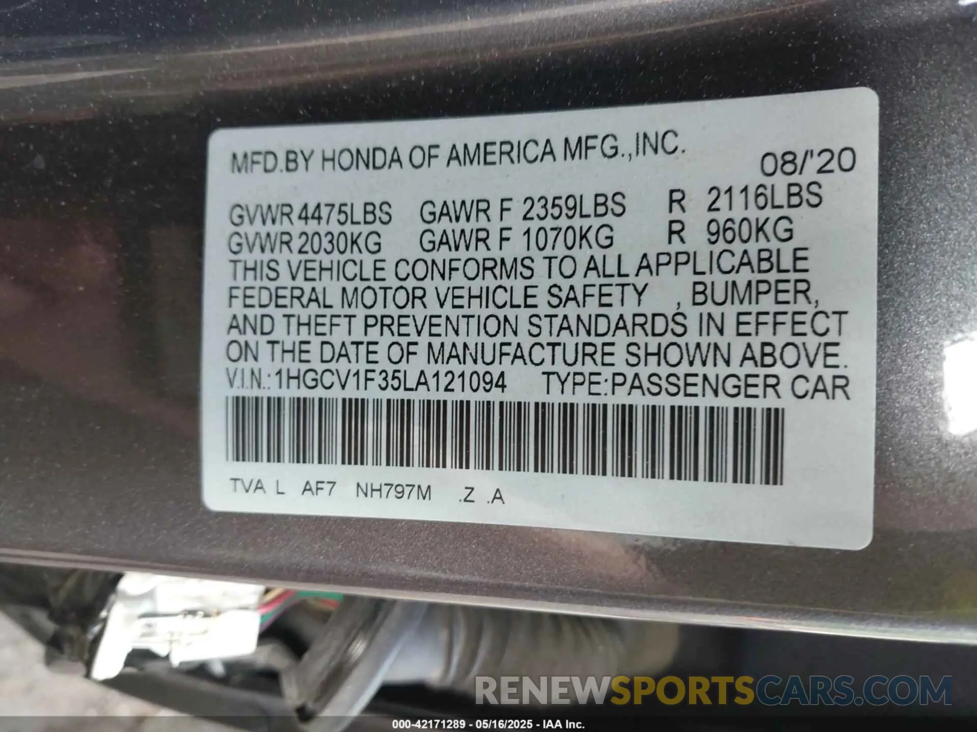9 Photograph of a damaged car 1HGCV1F35LA121094 HONDA ACCORD 2020