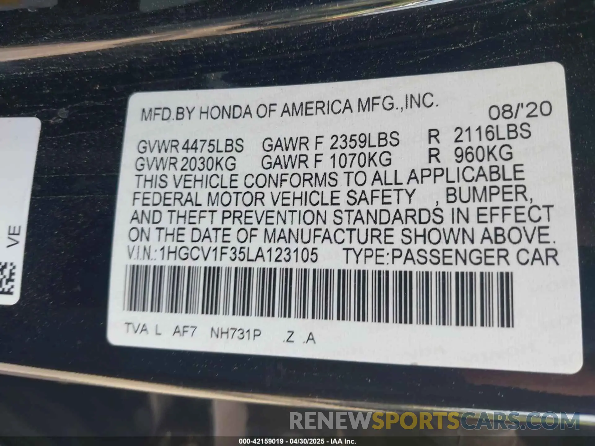 9 Photograph of a damaged car 1HGCV1F35LA123105 HONDA ACCORD 2020