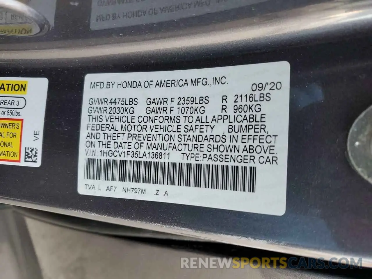12 Photograph of a damaged car 1HGCV1F35LA136811 HONDA ACCORD 2020