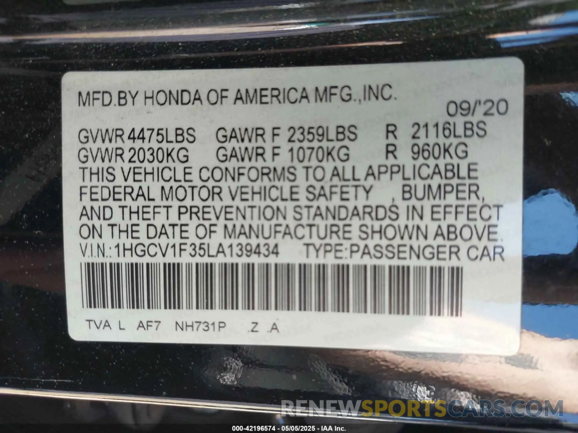 9 Photograph of a damaged car 1HGCV1F35LA139434 HONDA ACCORD 2020