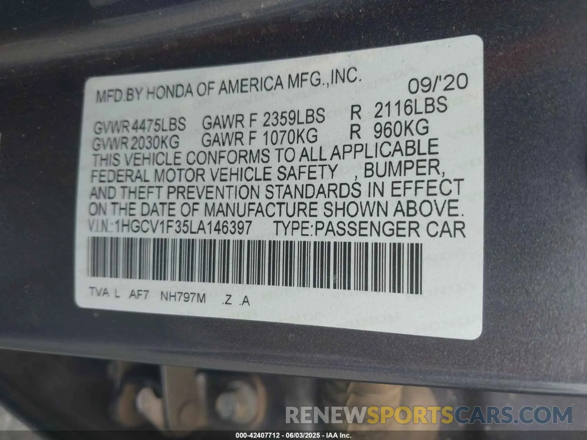9 Photograph of a damaged car 1HGCV1F35LA146397 HONDA ACCORD 2020