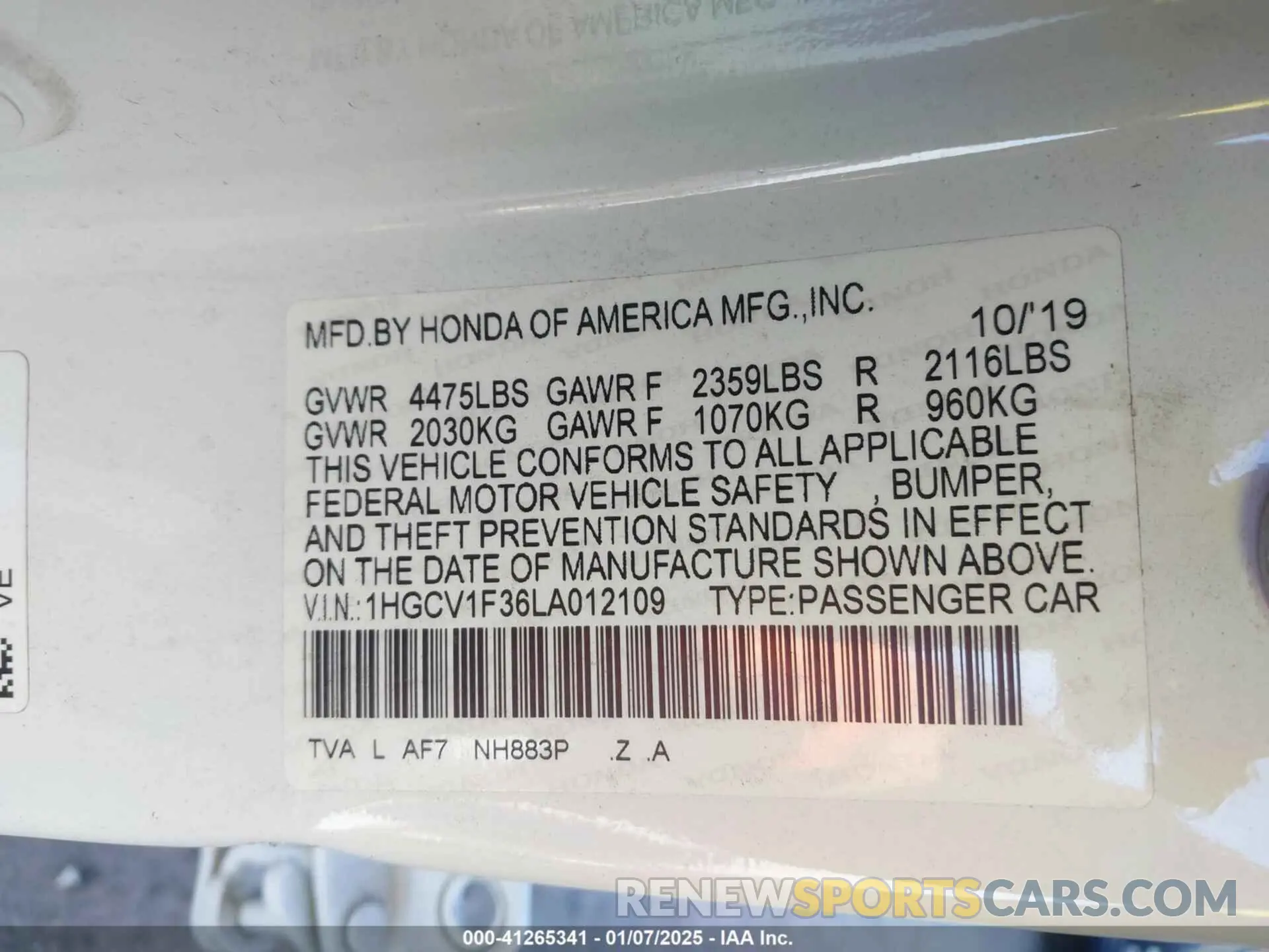 9 Photograph of a damaged car 1HGCV1F36LA012109 HONDA ACCORD 2020