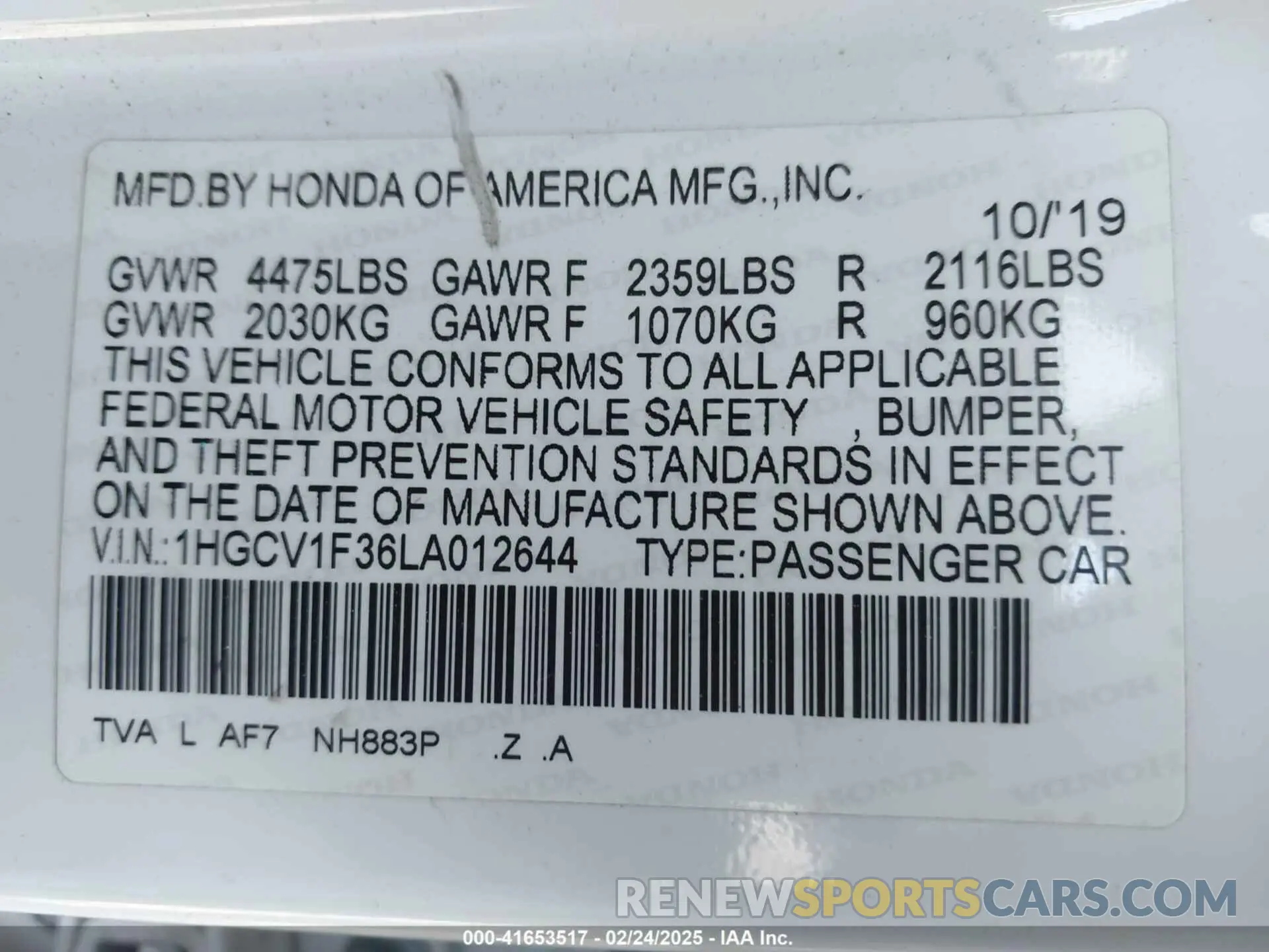 9 Photograph of a damaged car 1HGCV1F36LA012644 HONDA ACCORD 2020