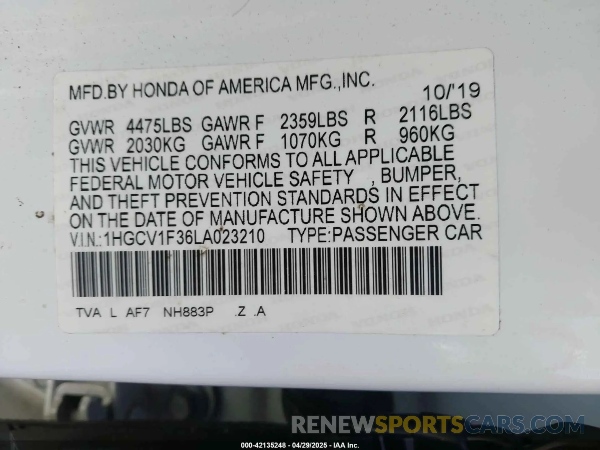 9 Photograph of a damaged car 1HGCV1F36LA023210 HONDA ACCORD 2020