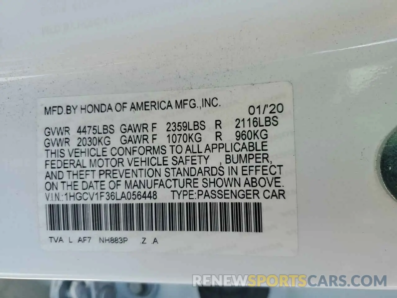 12 Photograph of a damaged car 1HGCV1F36LA056448 HONDA ACCORD 2020