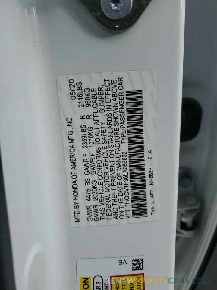 13 Photograph of a damaged car 1HGCV1F36LA086632 HONDA ACCORD 2020