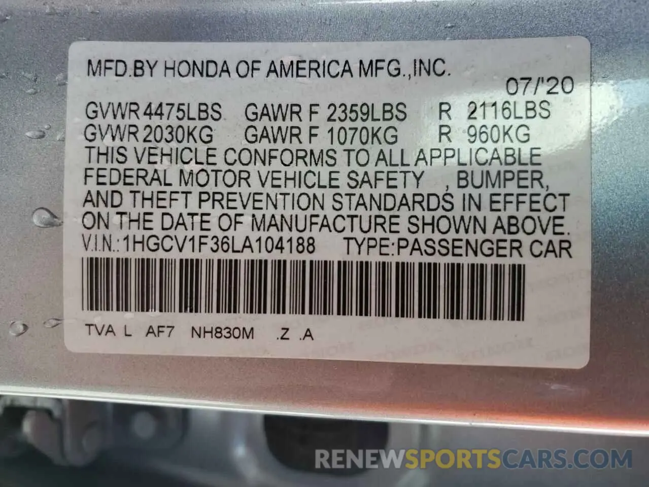12 Photograph of a damaged car 1HGCV1F36LA104188 HONDA ACCORD 2020