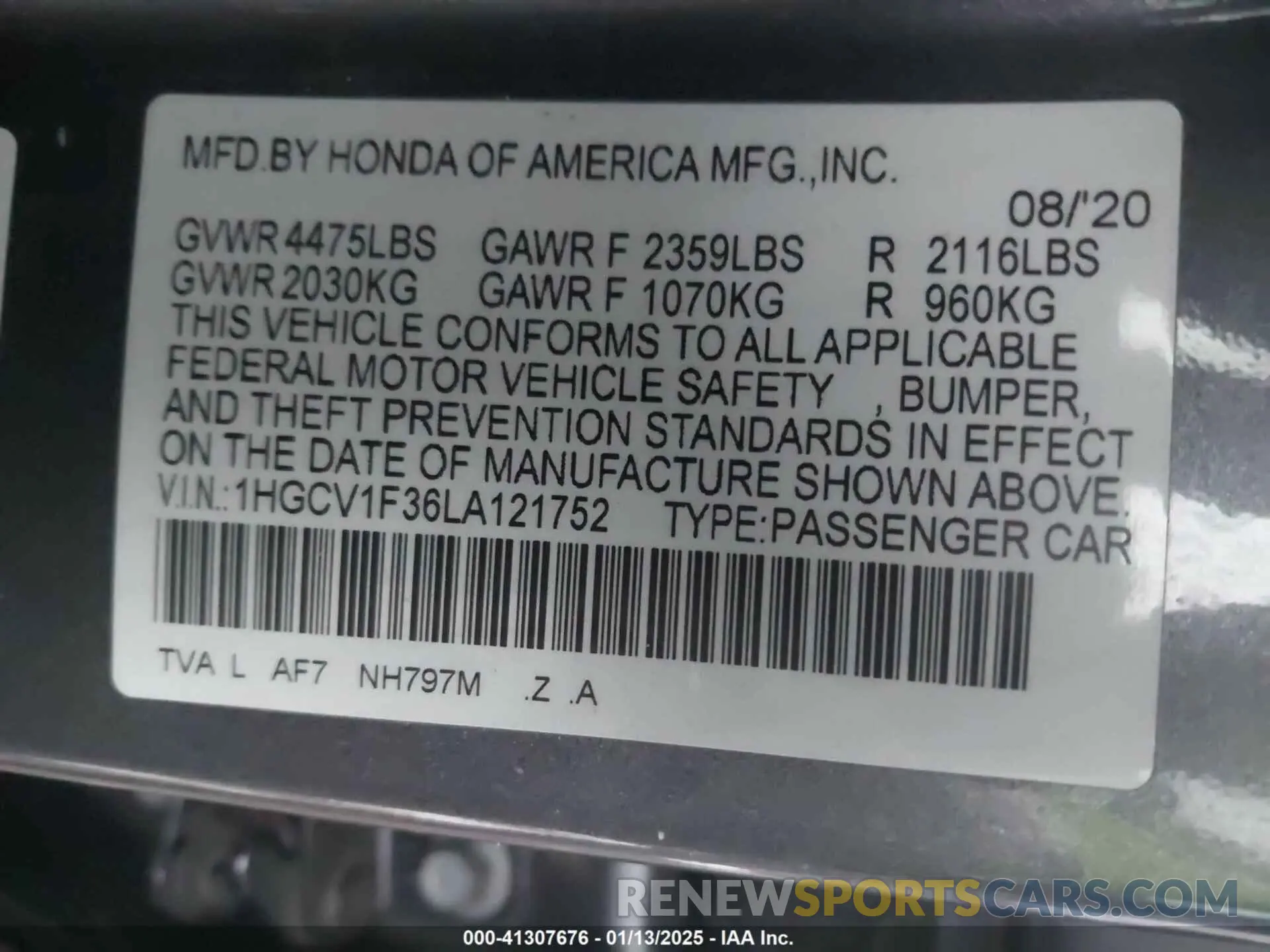 9 Photograph of a damaged car 1HGCV1F36LA121752 HONDA ACCORD 2020