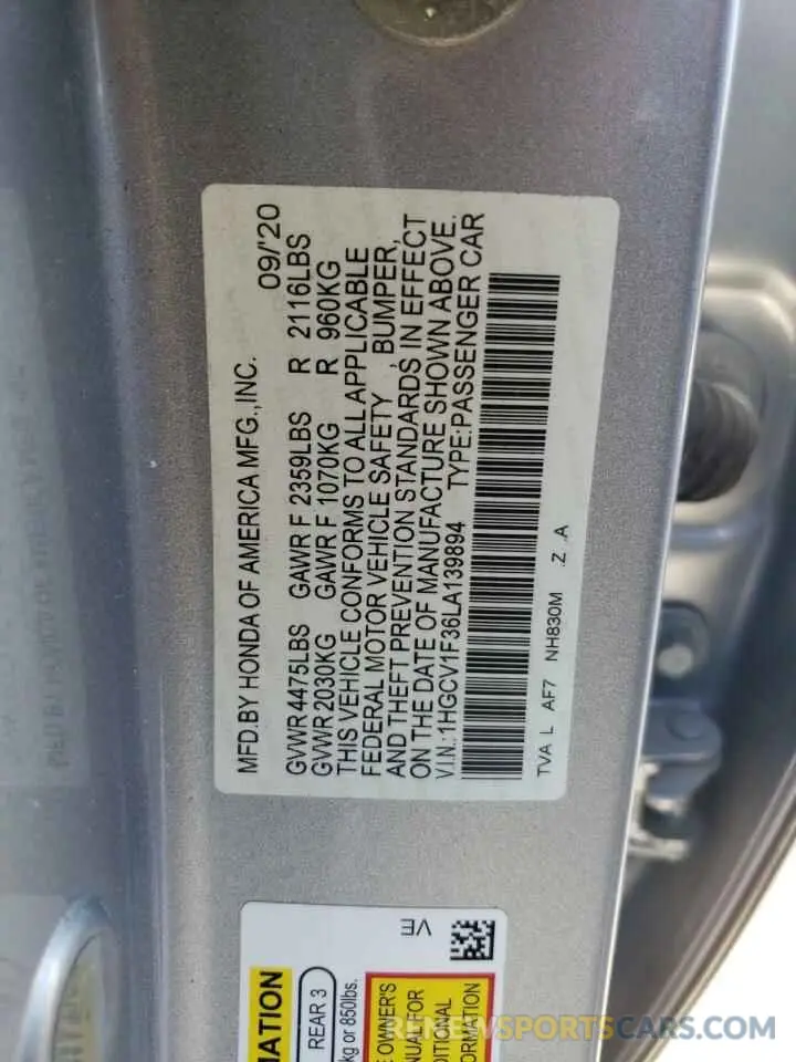 12 Photograph of a damaged car 1HGCV1F36LA139894 HONDA ACCORD 2020