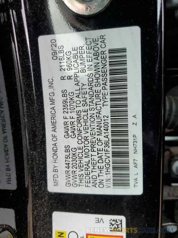 13 Photograph of a damaged car 1HGCV1F36LA140012 HONDA ACCORD 2020