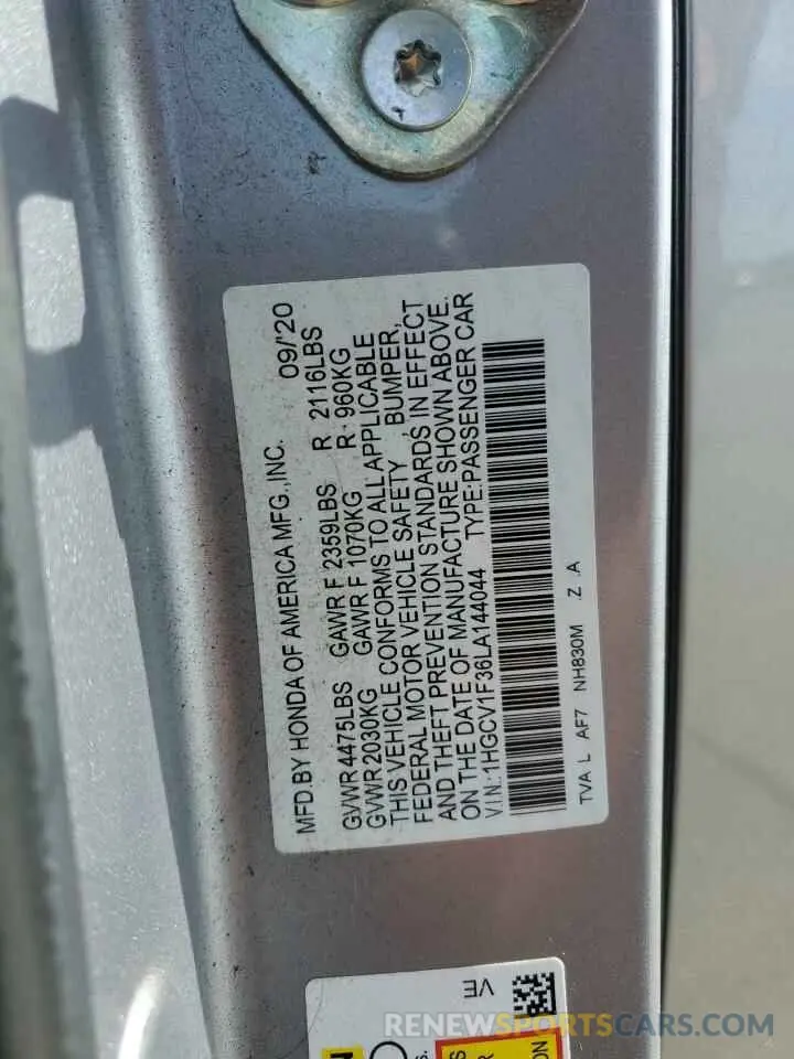 12 Photograph of a damaged car 1HGCV1F36LA144044 HONDA ACCORD 2020