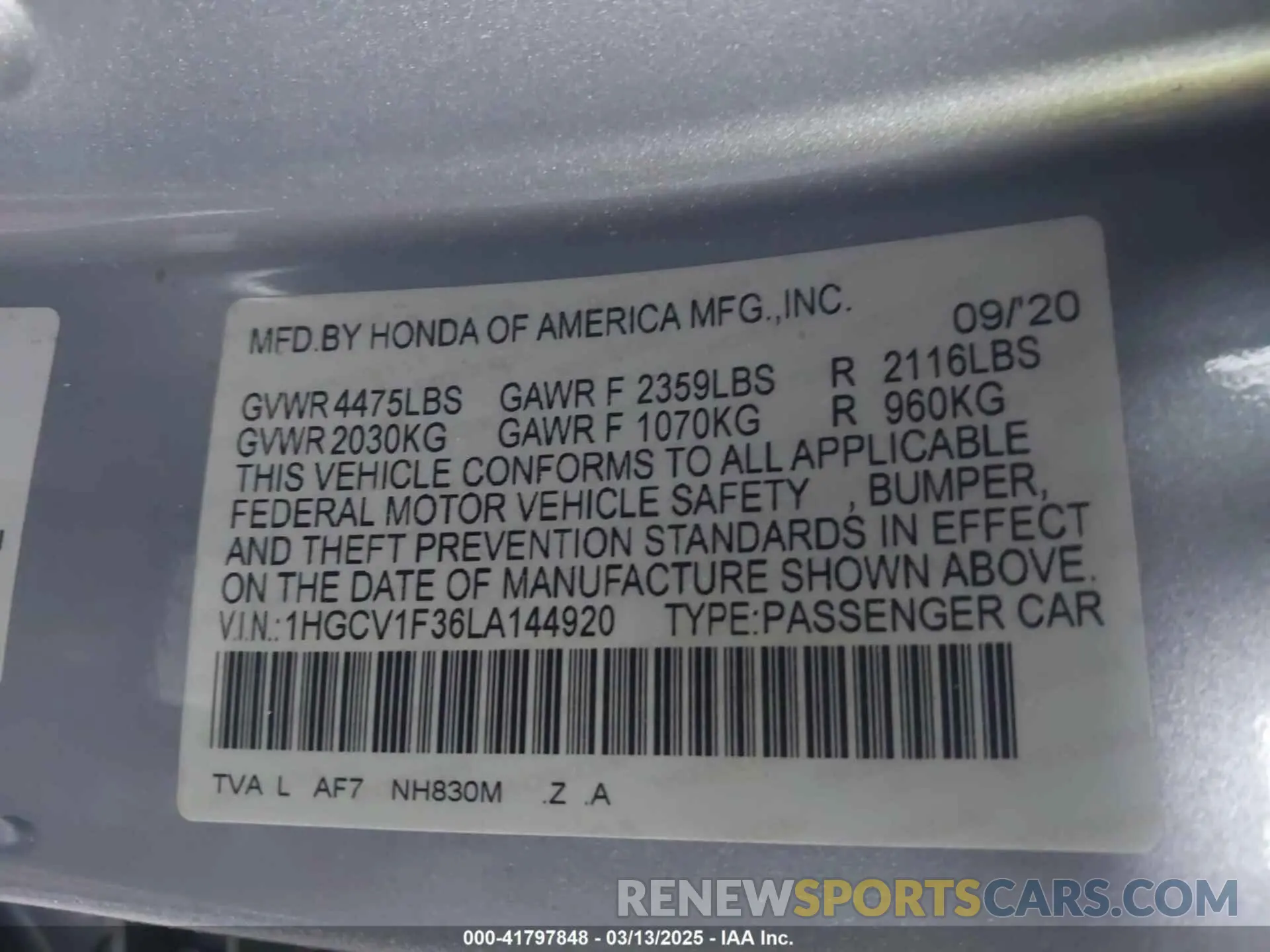 9 Photograph of a damaged car 1HGCV1F36LA144920 HONDA ACCORD 2020
