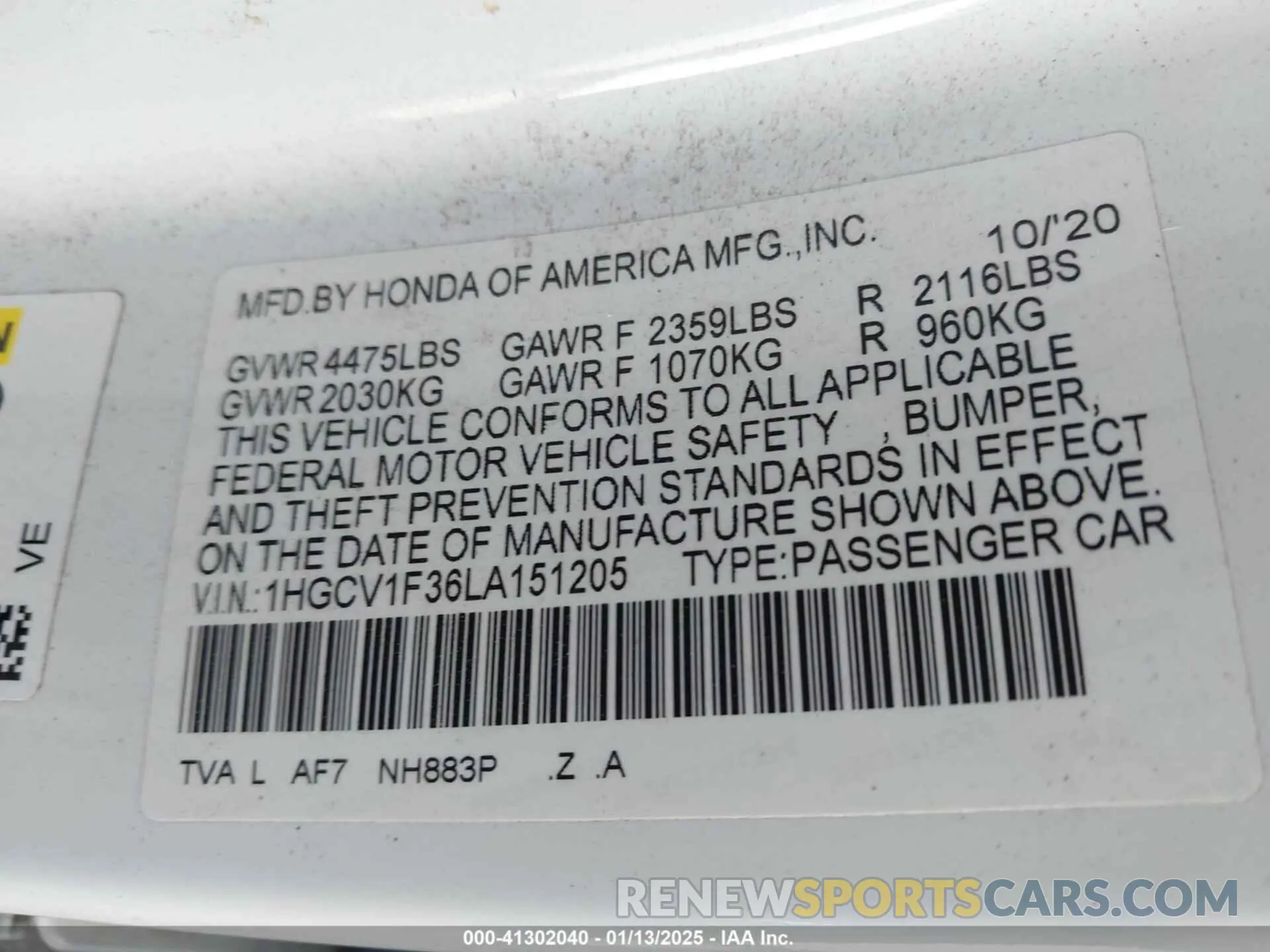 9 Photograph of a damaged car 1HGCV1F36LA151205 HONDA ACCORD 2020