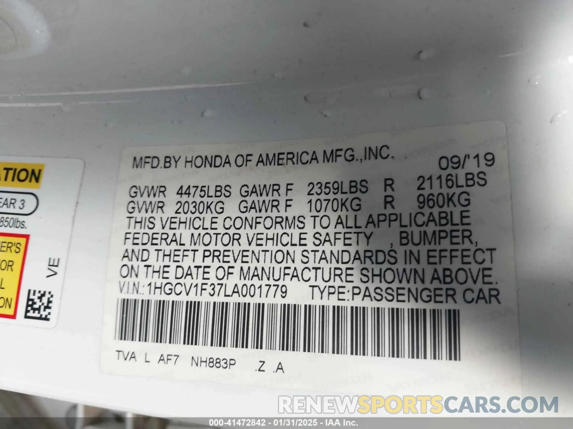 9 Photograph of a damaged car 1HGCV1F37LA001779 HONDA ACCORD 2020