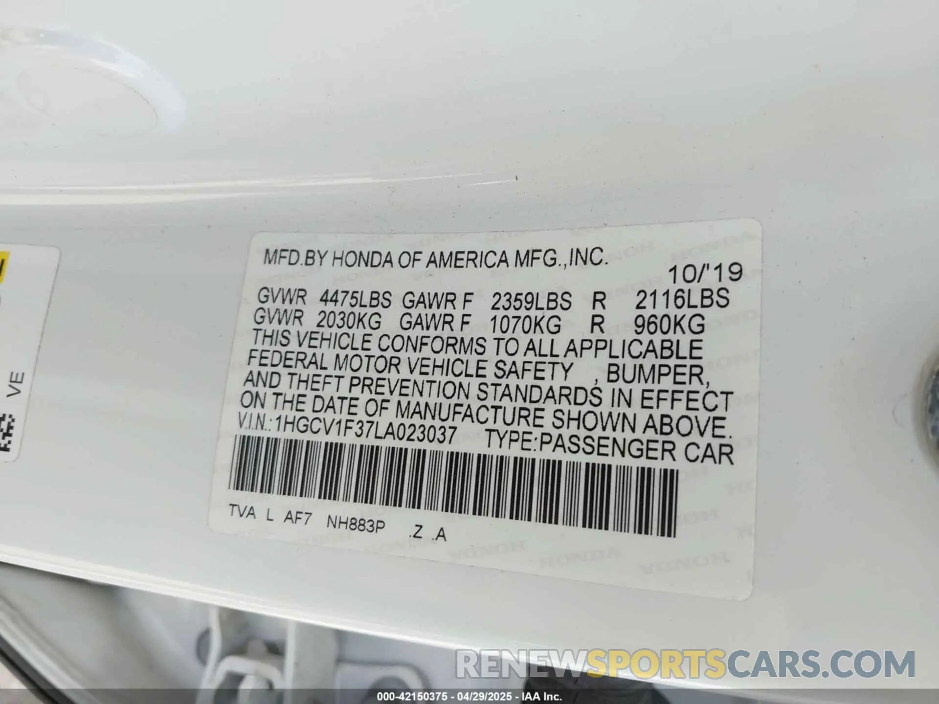 9 Photograph of a damaged car 1HGCV1F37LA023037 HONDA ACCORD 2020